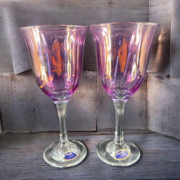 Italian Amethyst Iridescent Glass Goblet Drinking Glasses Cups Made Italy Set 2 - Picture 1 of 14